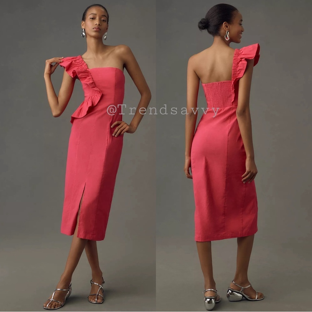 Anthropologie Pink One Shoulder Ruffle Column Midi Dress Wedding Guest Petite MP